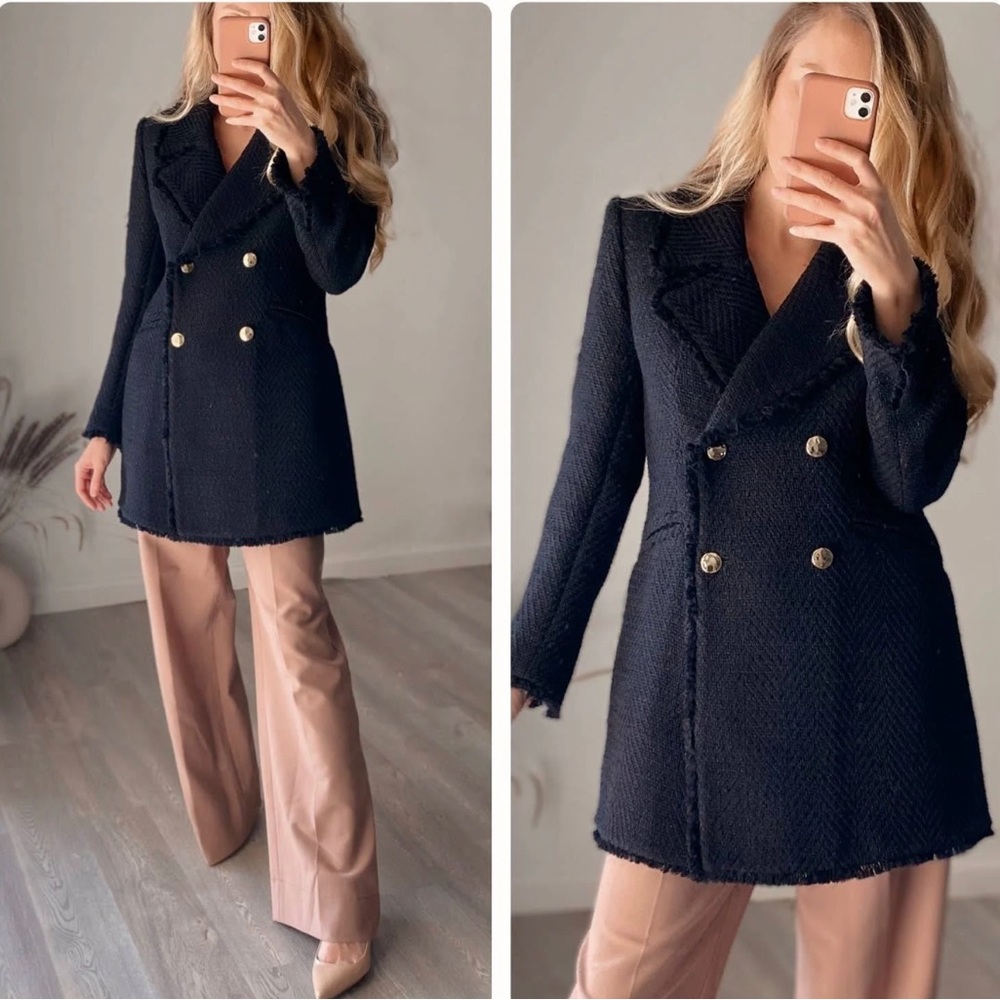 Zara Textured Coat With Gold Buttons